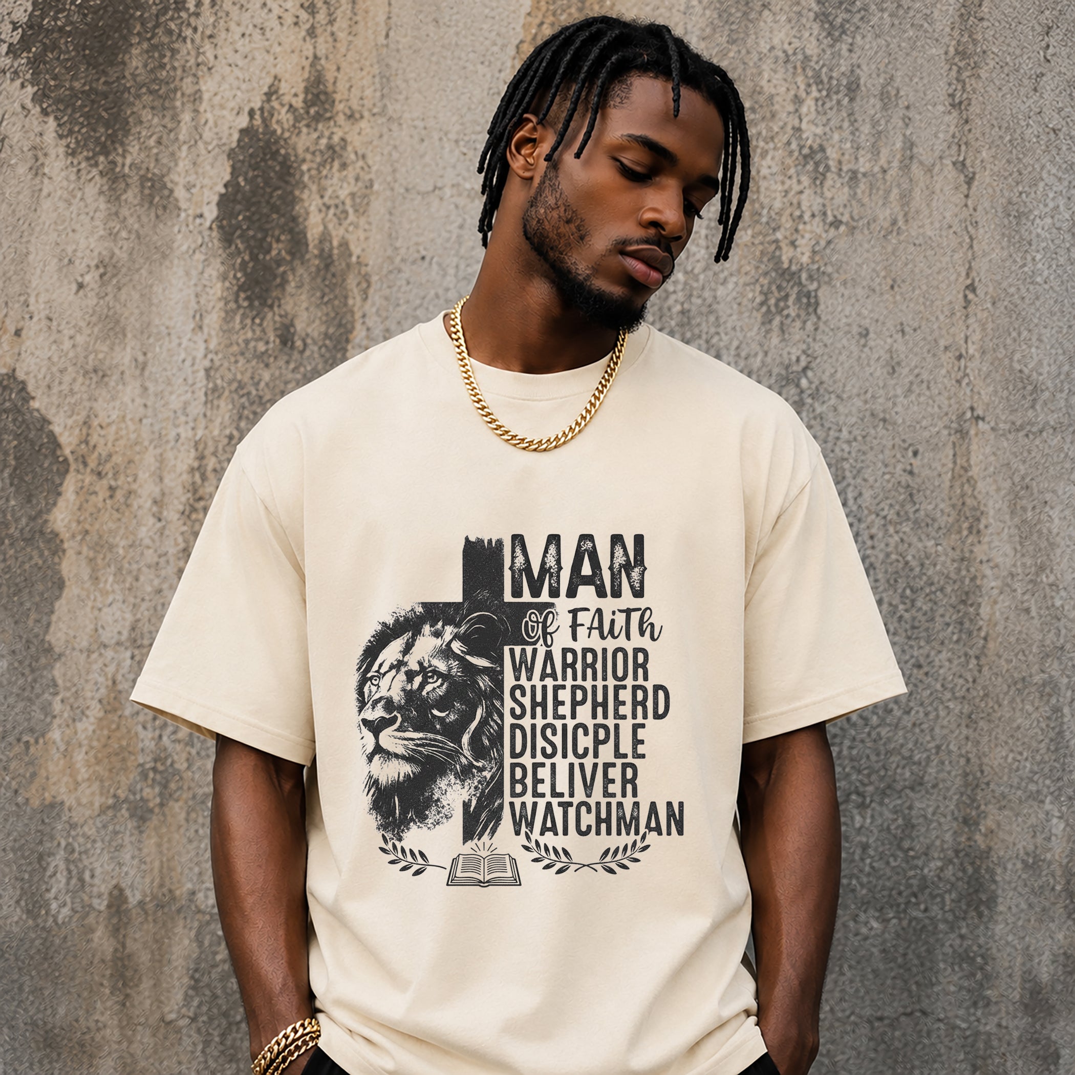 Christian men's t-shirt featuring Lion of Judah artwork with Man of Faith typography including Warrior, Shepherd, Disciple, Believer, and Watchman on a natural colored shirt.