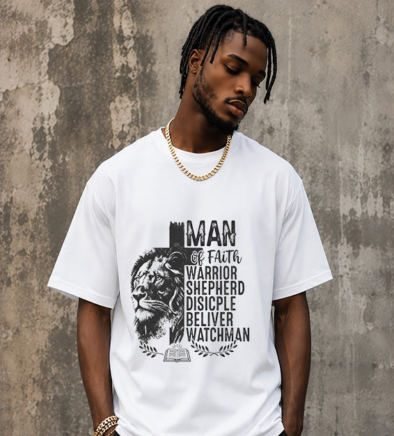 Christian men's t-shirt featuring Lion of Judah artwork with Man of Faith typography including Warrior, Shepherd, Disciple, Believer, and Watchman on a white colored shirt.