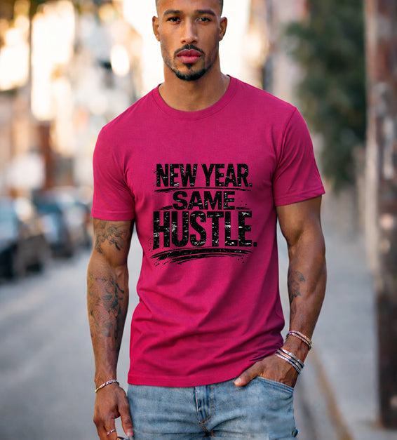 Athletic man wearing berry New Year Same Hustle motivational graphic t-shirt in urban street setting