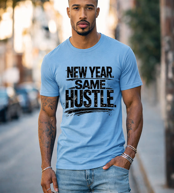 Athletic man wearing carolina blue New Year Same Hustle motivational graphic t-shirt in urban street setting