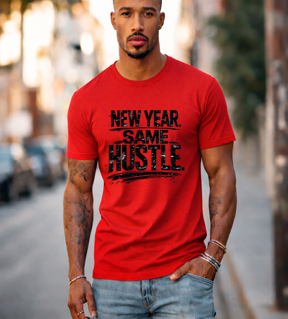 Athletic man wearing red New Year Same Hustle motivational graphic t-shirt in urban street setting