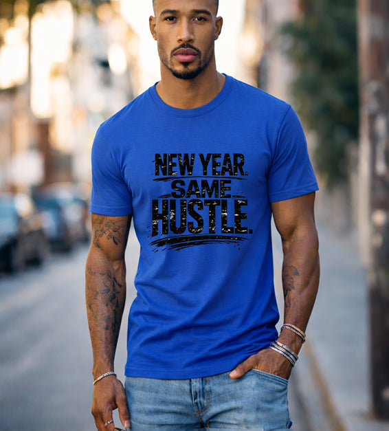 Athletic man wearing cobalt blue New Year Same Hustle motivational graphic t-shirt in urban street setting