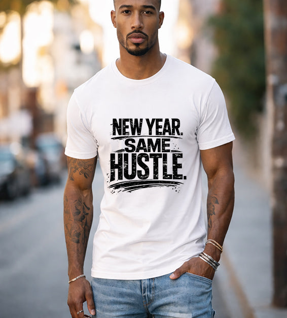 Athletic man wearing white New  
Year Same Hustle motivational graphic t-shirt in urban street setting