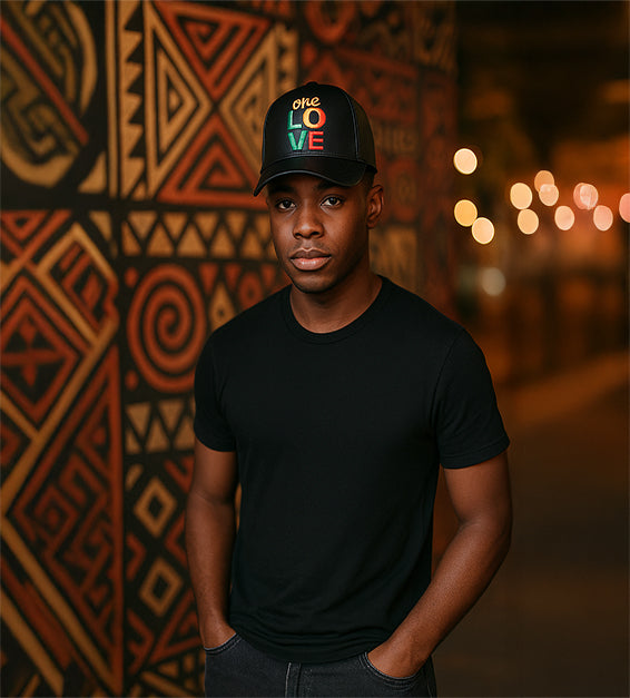 Black faux leather baseball cap with embroidered “One Love” in red, yellow, and green Rasta colors.