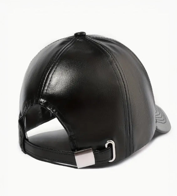 Black faux leather baseball cap with embroidered “One Love” in red, yellow, and green Rasta colors.
