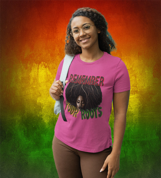  Charity Pink color t-shirt with ‘Remember Your Root’ text in bold font, symbolizing heritage and cultural pride."