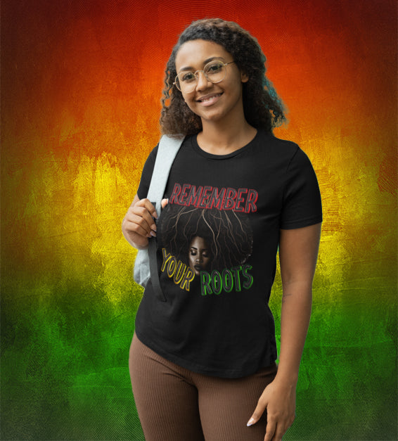 Black t-shirt with ‘Remember Your Root’ text in bold font, symbolizing heritage and cultural pride."