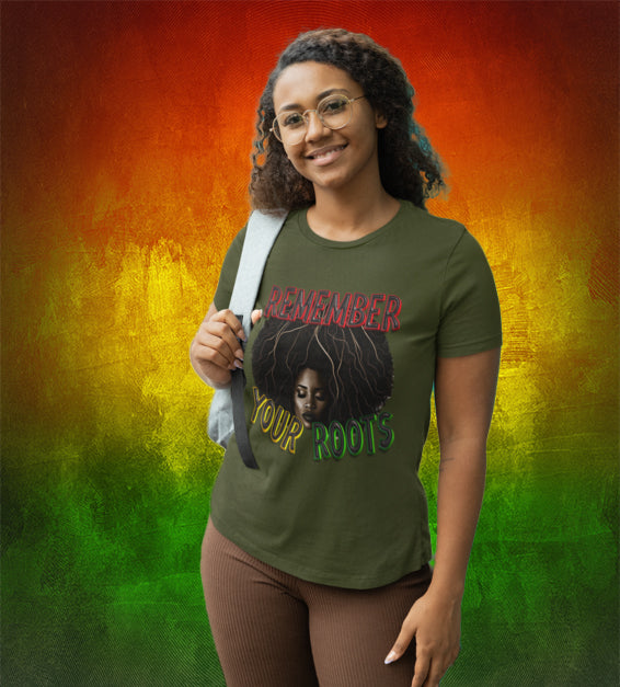 Olive color t-shirt with ‘Remember Your Root’ text in bold font, symbolizing heritage and cultural pride."