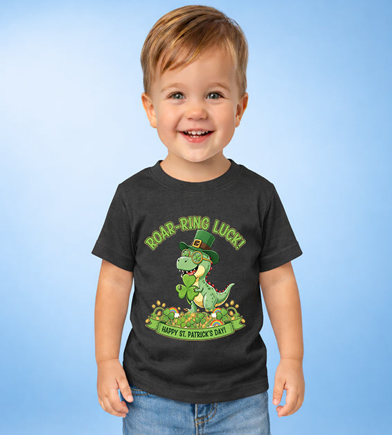 Cute toddler St Patrick’s Day dinosaur shirt with Roar-Ring Luck clover graphic

