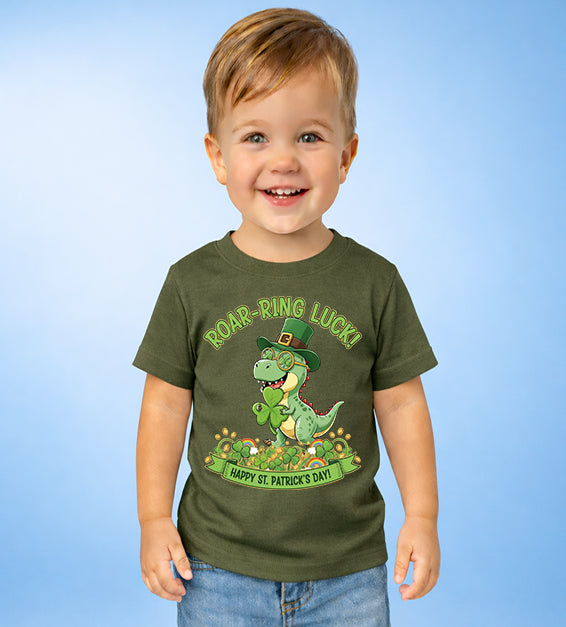 Cute toddler St Patrick’s Day dinosaur shirt with Roar-Ring Luck clover graphic

