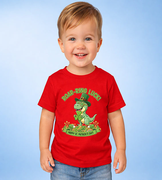 Cute toddler St Patrick’s Day dinosaur shirt with Roar-Ring Luck clover graphic

