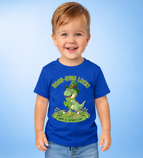 Cute toddler St Patrick’s Day dinosaur shirt with Roar-Ring Luck clover graphic

