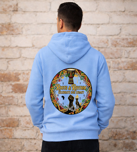 Mens carolina blue hoodie featuring Roots and Rhythm Celebrate Our Legacy Black History back design with drum and raised fist artwork.
