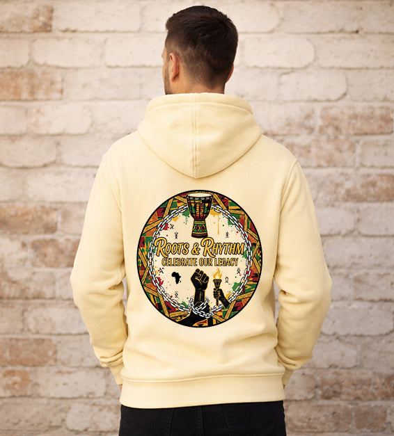 Mens french vanilla hoodie featuring Roots and Rhythm Celebrate Our Legacy Black History back design with drum and raised fist artwork.