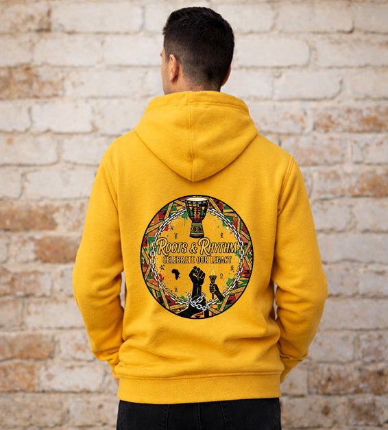 Mens gold hoodie featuring Roots and Rhythm Celebrate Our Legacy Black History back design with drum and raised fist artwork.