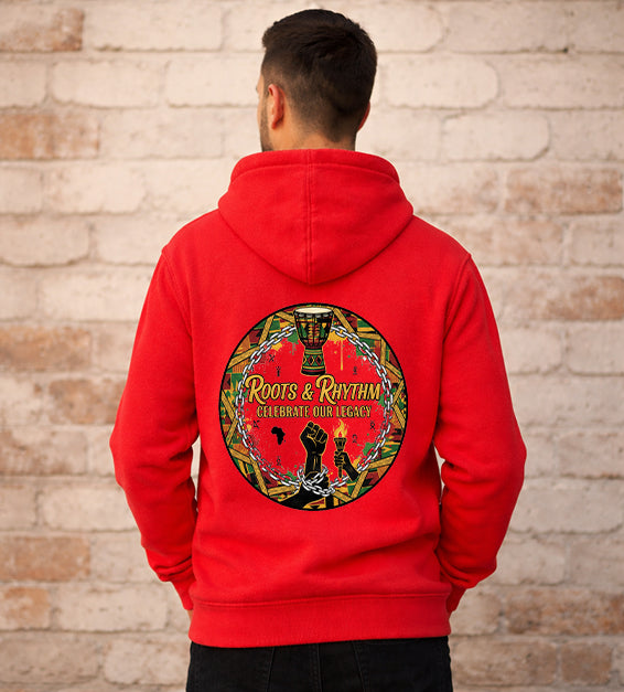 Mens red hoodie featuring Roots and Rhythm Celebrate Our Legacy Black History back design with drum and raised fist artwork.