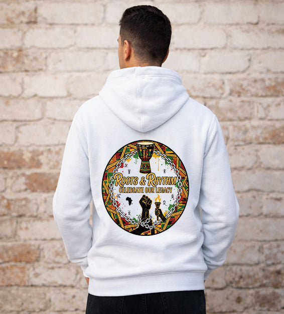 Mens  white hoodie featuring Roots and Rhythm Celebrate Our Legacy Black History back design with drum and raised fist artwork.