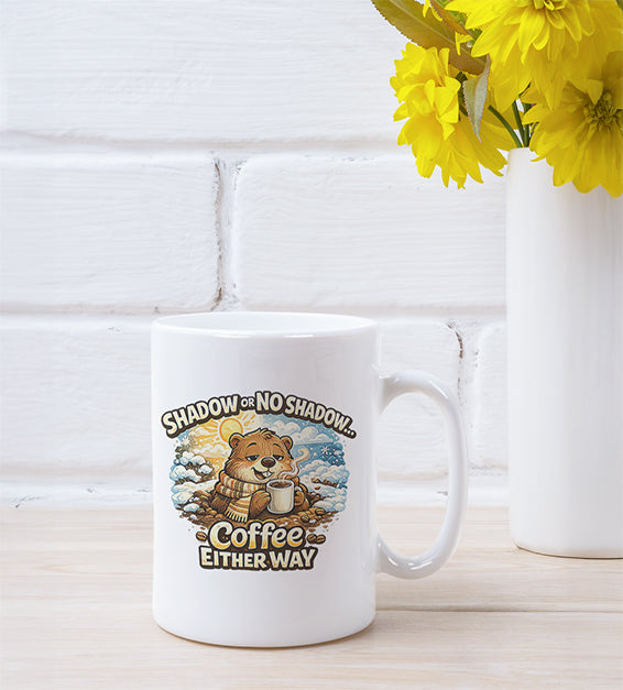White ceramic Shadow or No Shadow coffee mug with bear illustration held in hands against neutral background