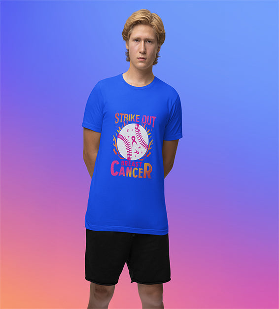 Caucasian man  wearing a true royal blue t-shirt with a pink softball and “Strike Out” text – awareness graphic shirt 