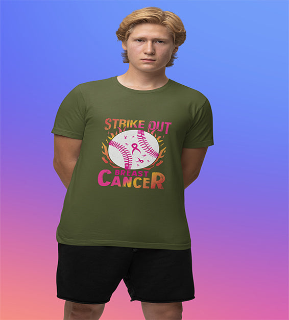  Caucasian man wearing a olive t-shirt with a pink softball and “Strike Out” text – awareness graphic shirt