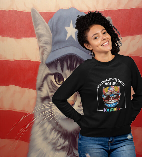 This Childless Cat Lady Is Voting Kamala Sweatshirt – Funny Patriotic Cat Graphic Pullover