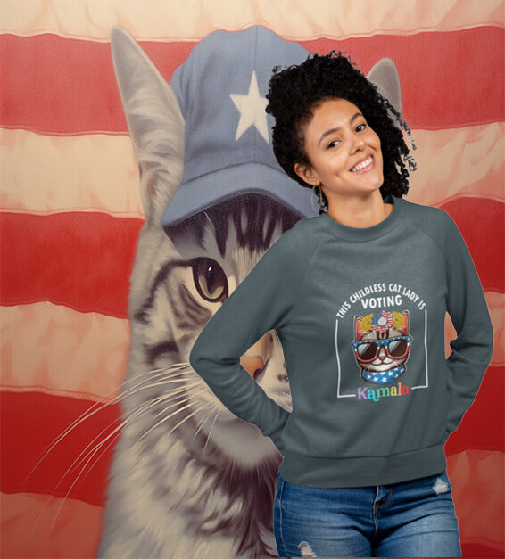This Childless Cat Lady Is Voting Kamala Sweatshirt – Funny Patriotic Cat Graphic Pullover