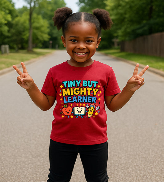 Tiny But Mighty Learner Kids Back-to-School Graphic T-Shirt – Preschool & Kindergarten Outfit