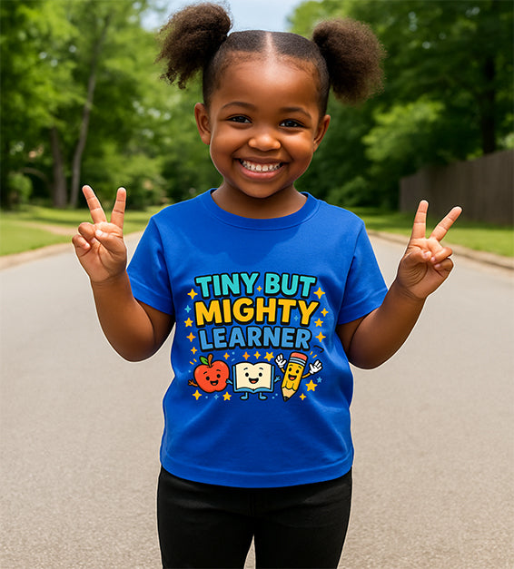 Tiny But Mighty Learner Kids Back-to-School Graphic T-Shirt – Preschool & Kindergarten Outfit