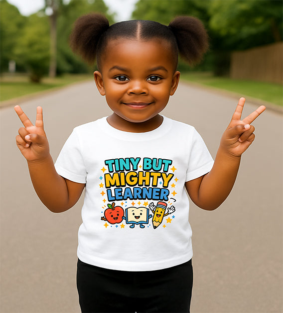Tiny But Mighty Learner Kids Back-to-School Graphic T-Shirt – Preschool & Kindergarten Outfit