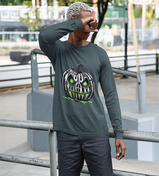 “Men’s Halloween Toxic Pumpkin Skull Long Sleeve Shirt with Neon Green Eerie Glow – Spooky Graphic Tee by BlavkNitye Designz”
