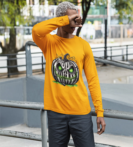 “Men’s Halloween Toxic Pumpkin Skull Long Sleeve Shirt with Neon Green Eerie Glow – Spooky Graphic Tee by BlavkNitye Designz”
