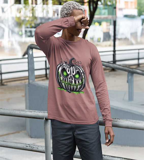 “Men’s Halloween Toxic Pumpkin Skull Long Sleeve Shirt with Neon Green Eerie Glow – Spooky Graphic Tee by BlavkNitye Designz”