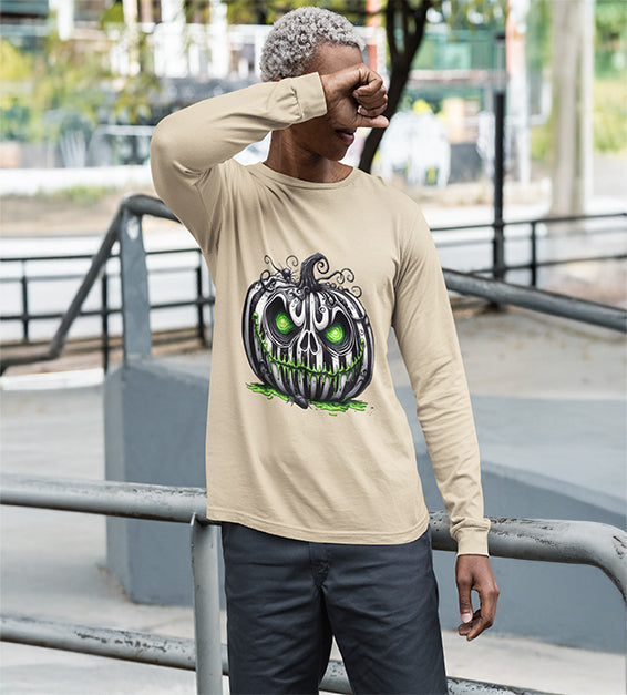 “Men’s Halloween Toxic Pumpkin Skull Long Sleeve Shirt with Neon Green Eerie Glow – Spooky Graphic Tee by BlavkNitye Designz”