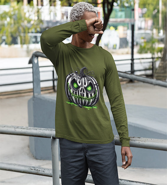 “Men’s Halloween Toxic Pumpkin Skull Long Sleeve Shirt with Neon Green Eerie Glow – Spooky Graphic Tee by BlavkNitye Designz”