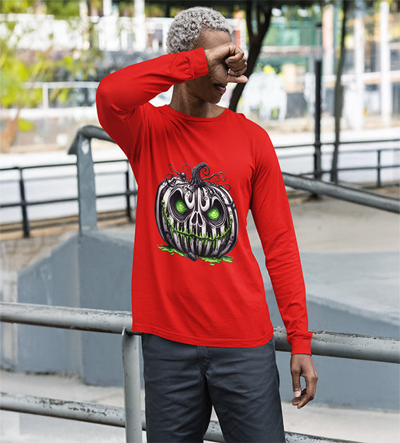 “Men’s Halloween Toxic Pumpkin Skull Long Sleeve Shirt with Neon Green Eerie Glow – Spooky Graphic Tee by BlavkNitye Designz”