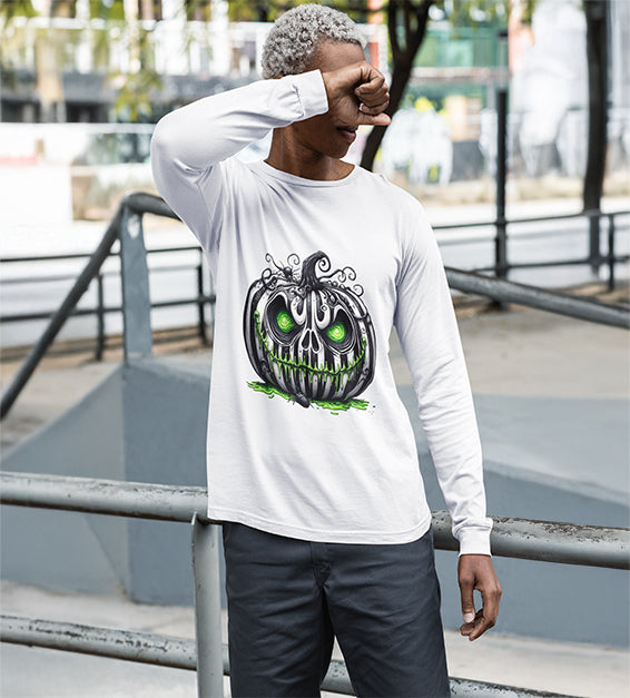 “Men’s Halloween Toxic Pumpkin Skull Long Sleeve Shirt with Neon Green Eerie Glow – Spooky Graphic Tee by BlavkNitye Designz”