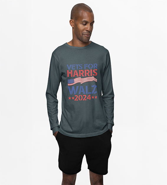 Man wearing a dark grey long-sleeve shirt with a red, white, and blue patriotic graphic design.