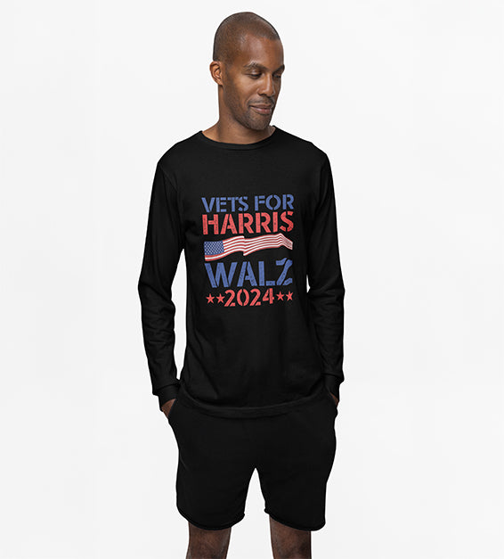 Man wearing a black long-sleeve shirt with a red, white, and blue patriotic graphic design.