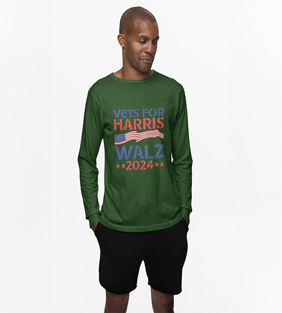 Man wearing a military green long-sleeve shirt with a red, white, and blue patriotic graphic design.