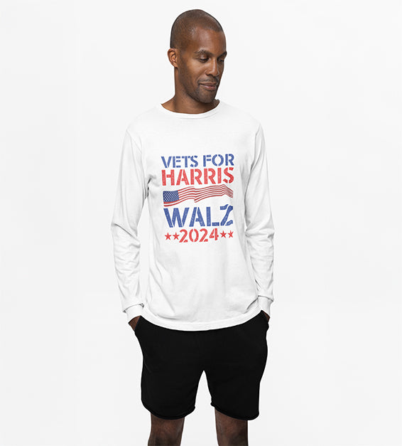 Man wearing a white long-sleeve shirt with a red, white, and blue patriotic graphic design.