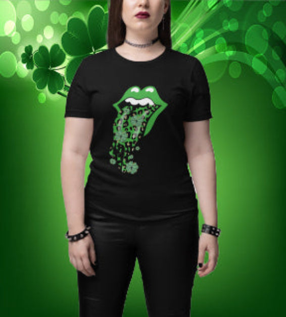 Close-up of a St. Patrick’s Day t-shirt design with green lips, leopard print, and shamrocks, combining festive and edgy fashion for a lucky look.