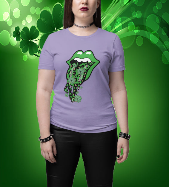 Close-up of a St. Patrick’s Day t-shirt design with green lips, leopard print, and shamrocks, combining festive and edgy fashion for a lucky look.