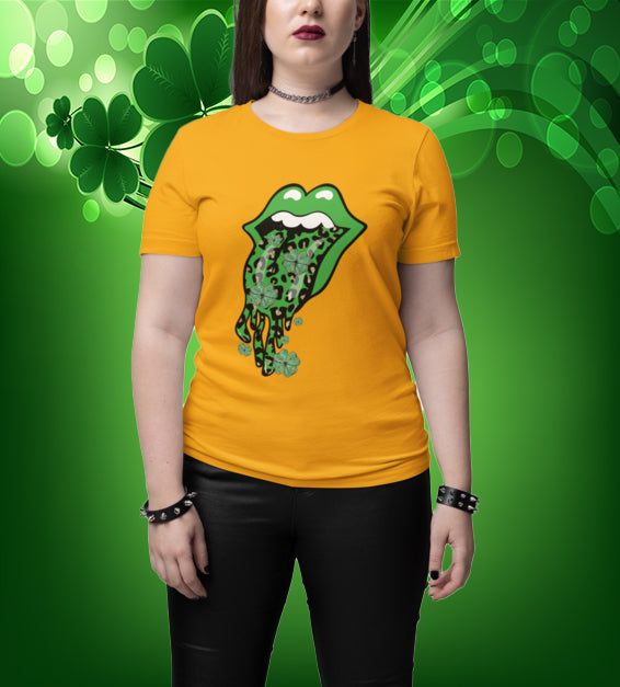 Close-up of a St. Patrick’s Day t-shirt design with green lips, leopard print, and shamrocks, combining festive and edgy fashion for a lucky look.