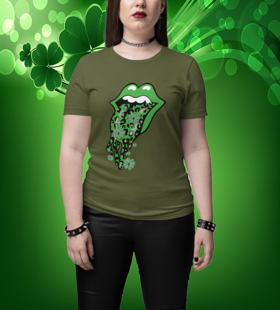 Close-up of a St. Patrick’s Day t-shirt design with green lips, leopard print, and shamrocks, combining festive and edgy fashion for a lucky look.