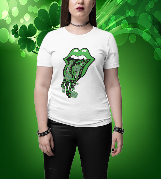 Close-up of a St. Patrick’s Day t-shirt design with green lips, leopard print, and shamrocks, combining festive and edgy fashion for a lucky look.